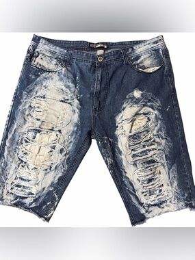 Mens Distressed Denim Jorts 42 Bleach Wash Ripped Y2K Streetwear